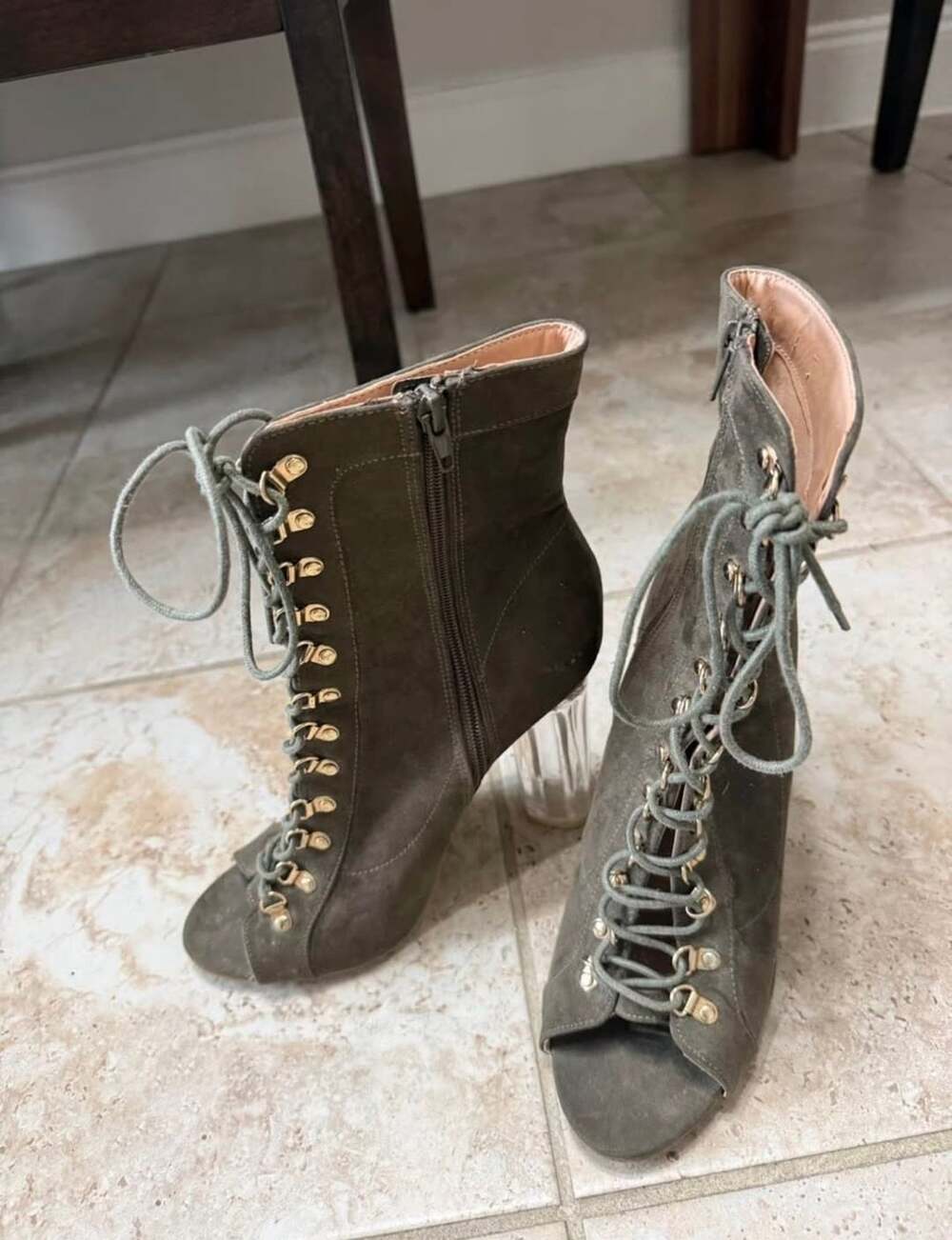 Wild Diva Lounge Olive Green Suede Lace-Up Open-Toe Ankle Booties with Clear Hee